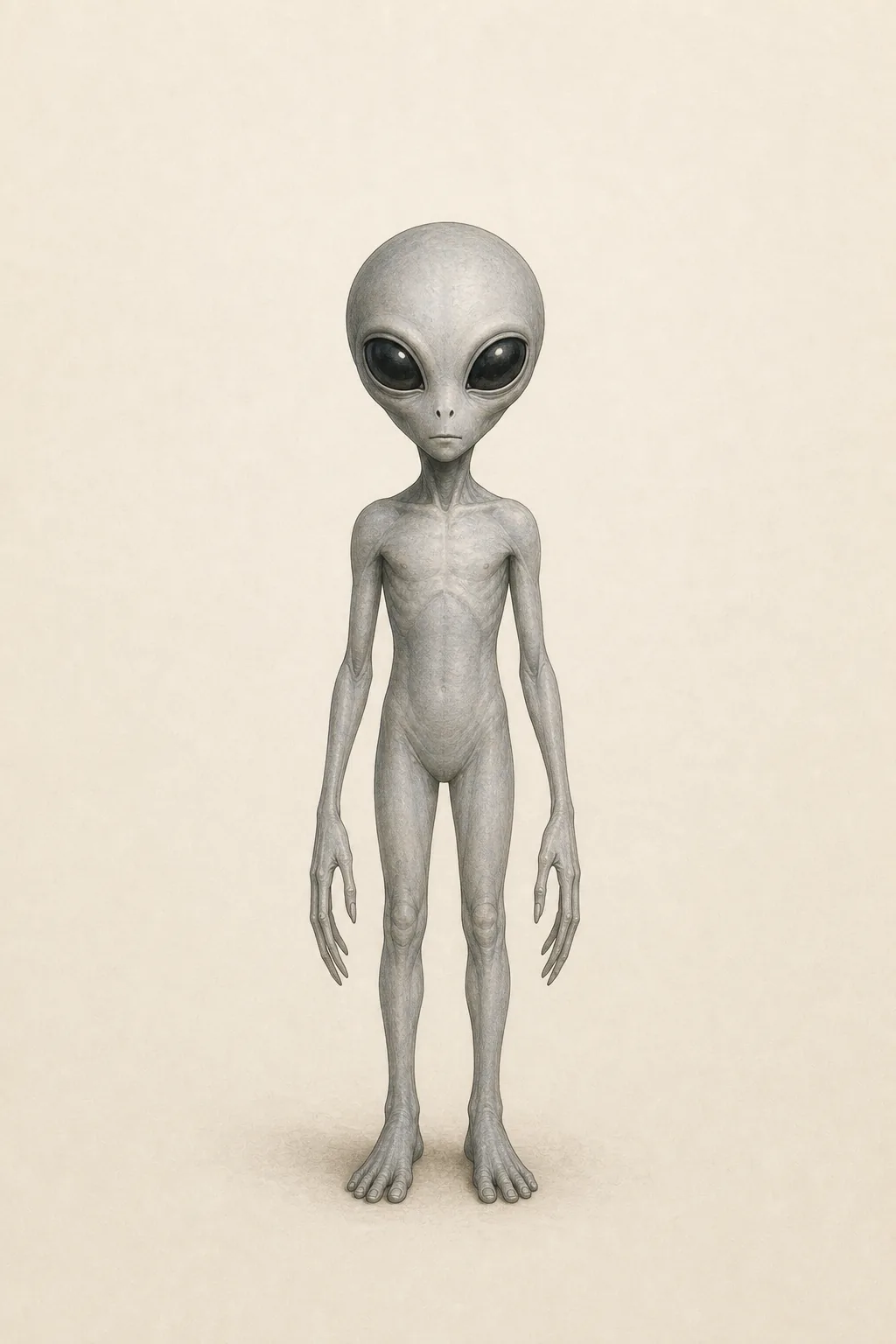 Illustration of a Grey being: a short, slender humanoid with grey skin, a large domed hairless head, and oversized black almond-shaped eyes