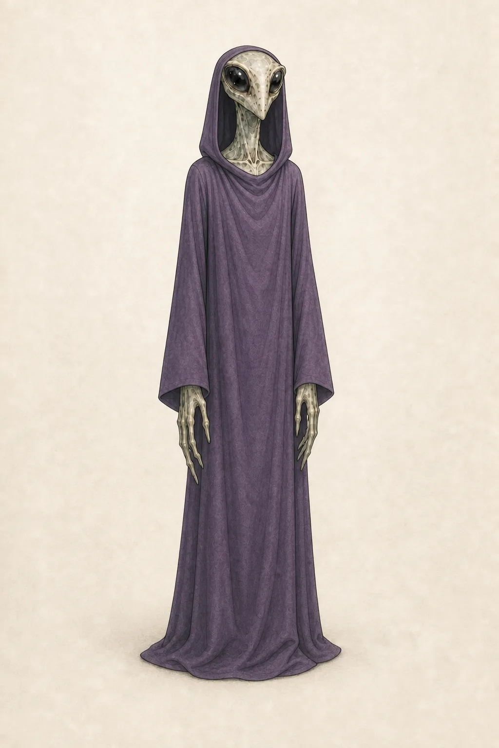 Illustration of a Mantis being in a long hooded purple robe with wide sleeves, long-fingered hands emerging at the sides
