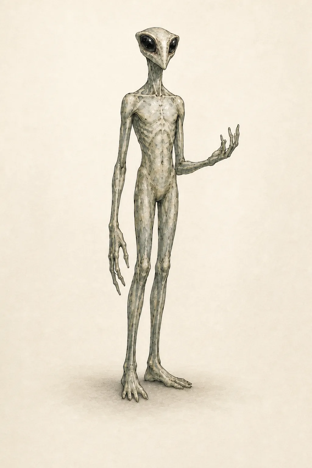 Illustration of a Mantis being: a tall, thin, upright figure with an elongated triangular head, large black eyes, and long slender limbs