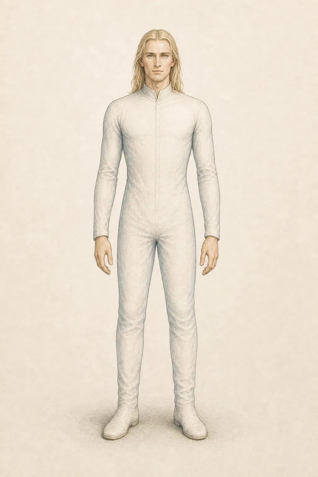 Illustration of a Nordic being: a tall, fair-skinned humanoid with long blond hair, blue eyes, and a form-fitting pale one-piece suit