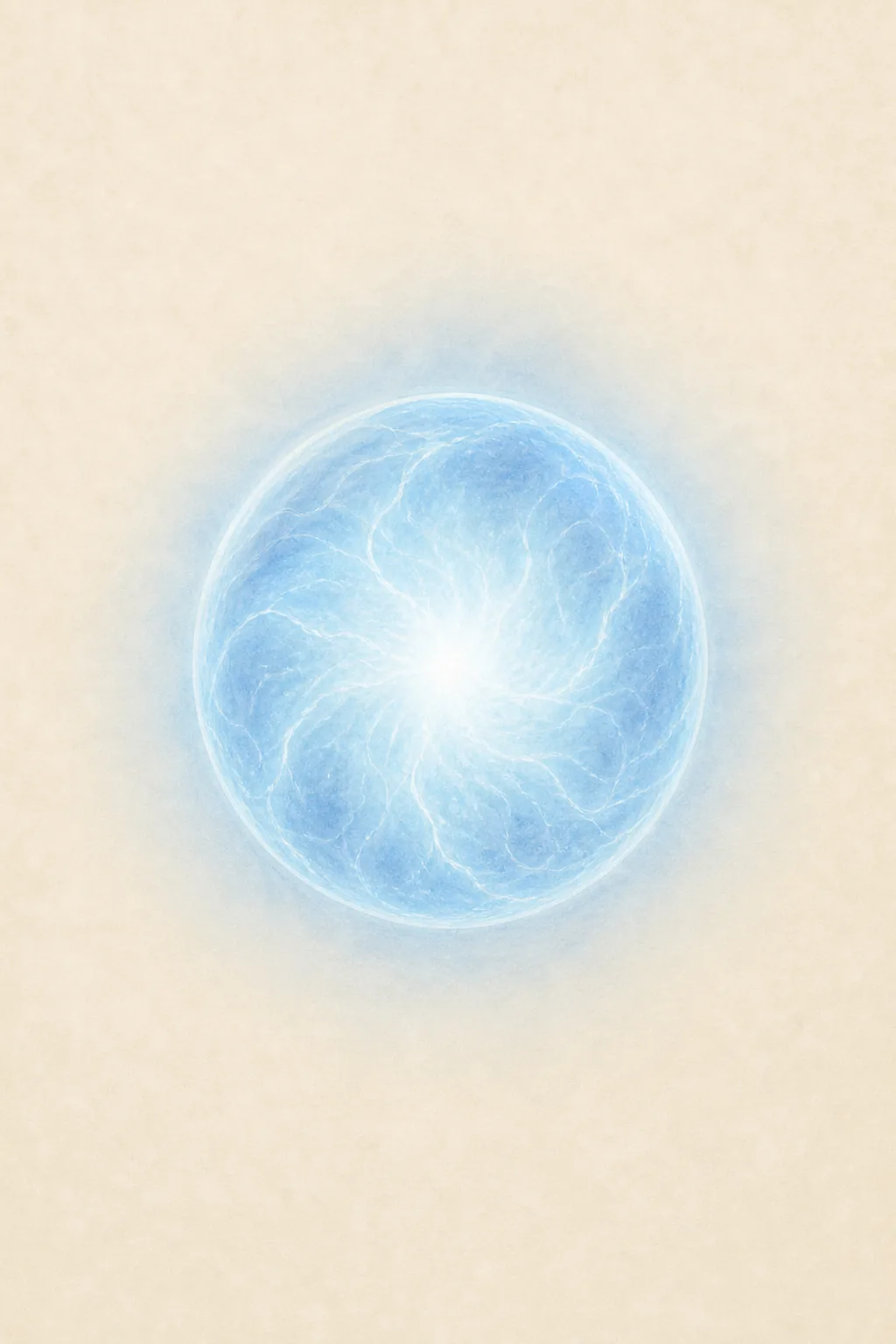 Illustration of plasmoid life: a luminous blue-white sphere of glowing plasma with a bright core and swirling filaments of light