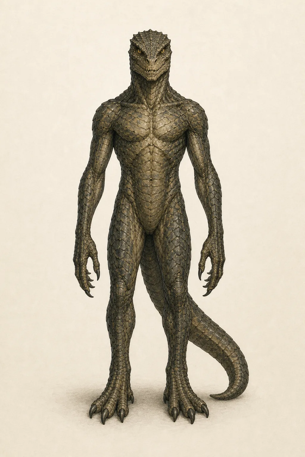Illustration of a Reptilian being: a tall, upright, scaled humanoid with a ridged reptilian head, amber slit eyes, a heavily muscled build, clawed hands and feet, and a long tail
